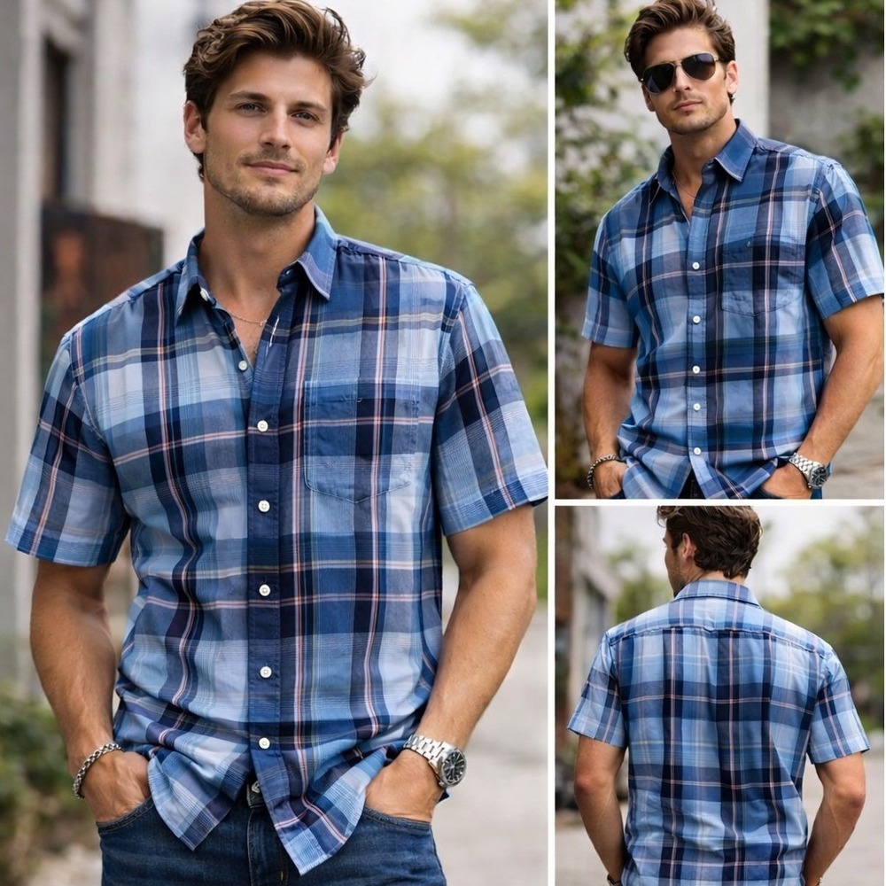 Nautica Button Down Shirt Mens‎ XL Blue Plaid Short Sleeve Casual Pocket